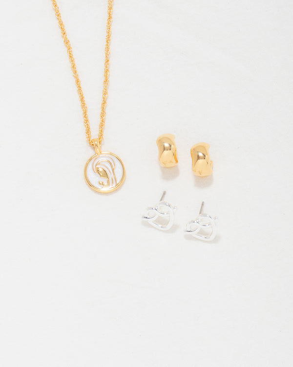 Kit x 2 Aretes 1 Collar Virgen Nacar