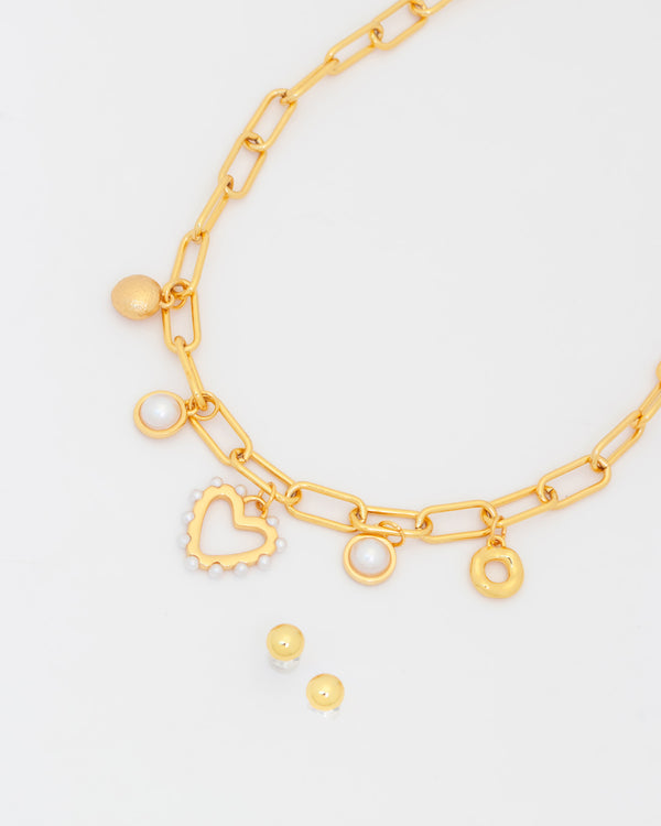 Collar Multicharms Corazón Perla + Aretes