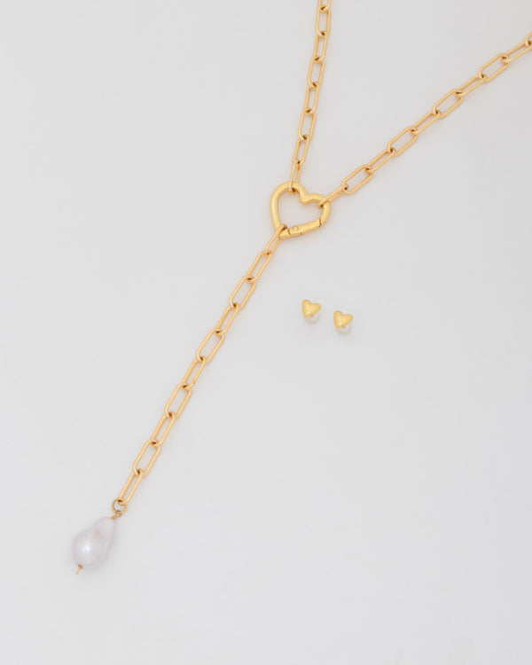 Collar Corbatín Corazón Perla + Aretes